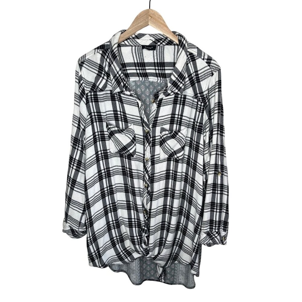 Tolani Womens Boho Black White Plaid Button-Up Tunic Blouse 1X